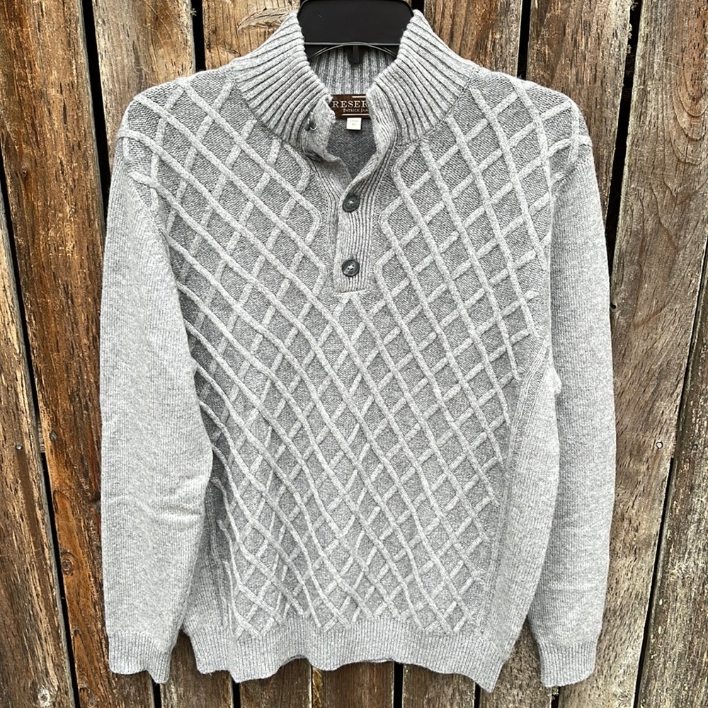 Reserve Patrick James Sweater M Gray Cashmere Button Henley Diamond Knit Men's